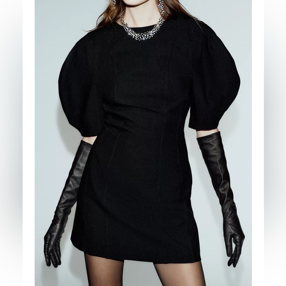 Zara NWT black balloon puff sleeve mini dress - Picture 4 of 14